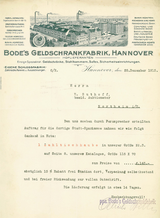 Bode Geldschrankfabrik historisches Schriftstück vom 28. Dezember 1915
